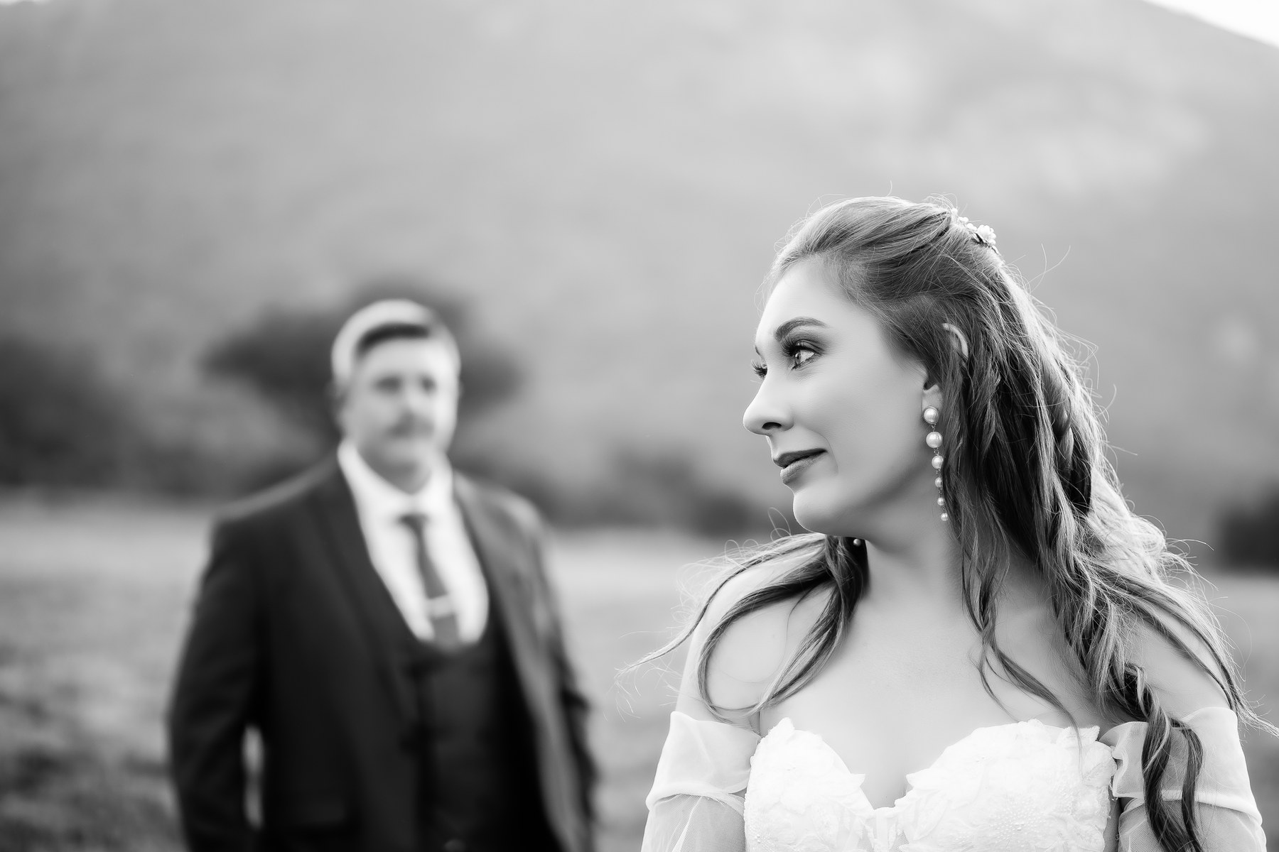A quiet black and white wedding portrait